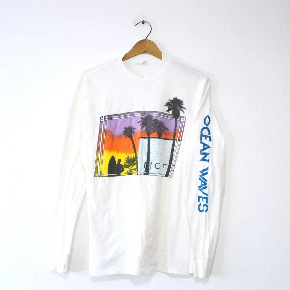 Vintage Ocean Waves Surfing Long Sleeve T Shirt Large - Picture 1 of 4